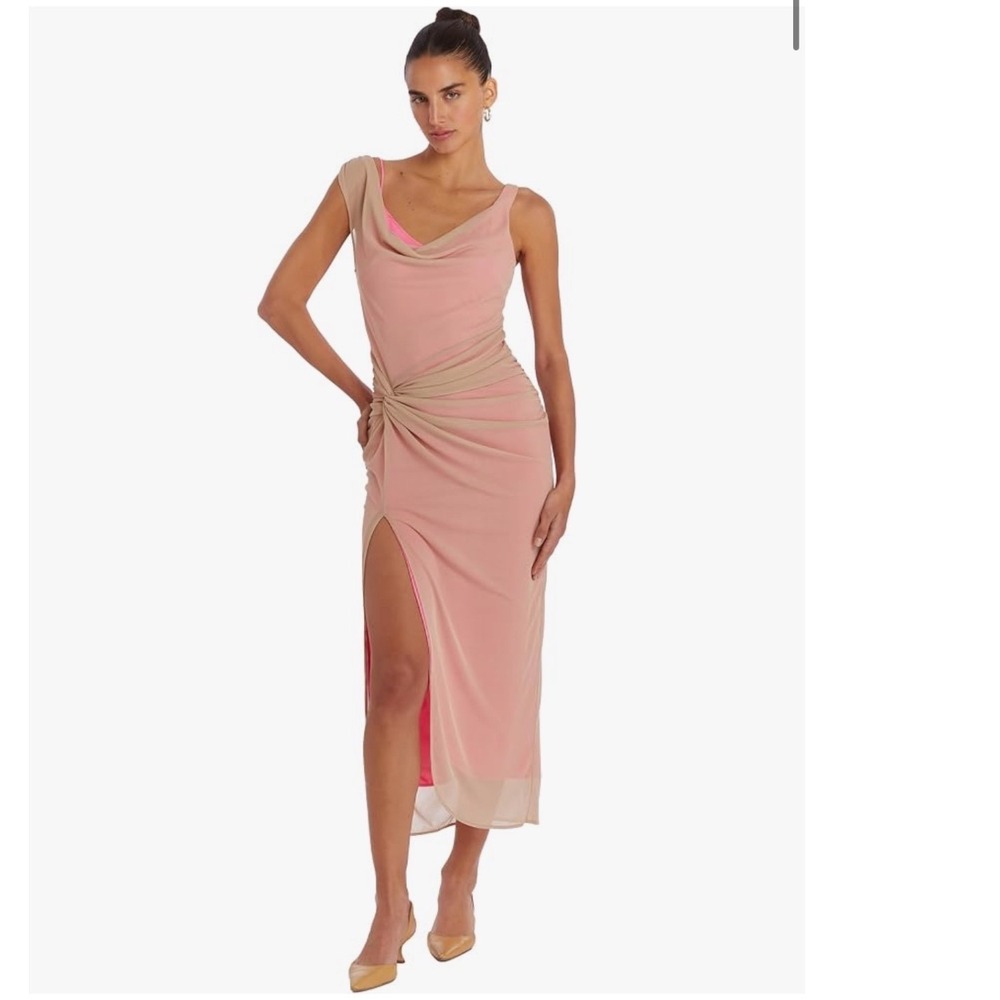 Amanda Uprichard Aliana Dress Tan Mesh Neon Pink Lining Midi Slit Sleeveless S